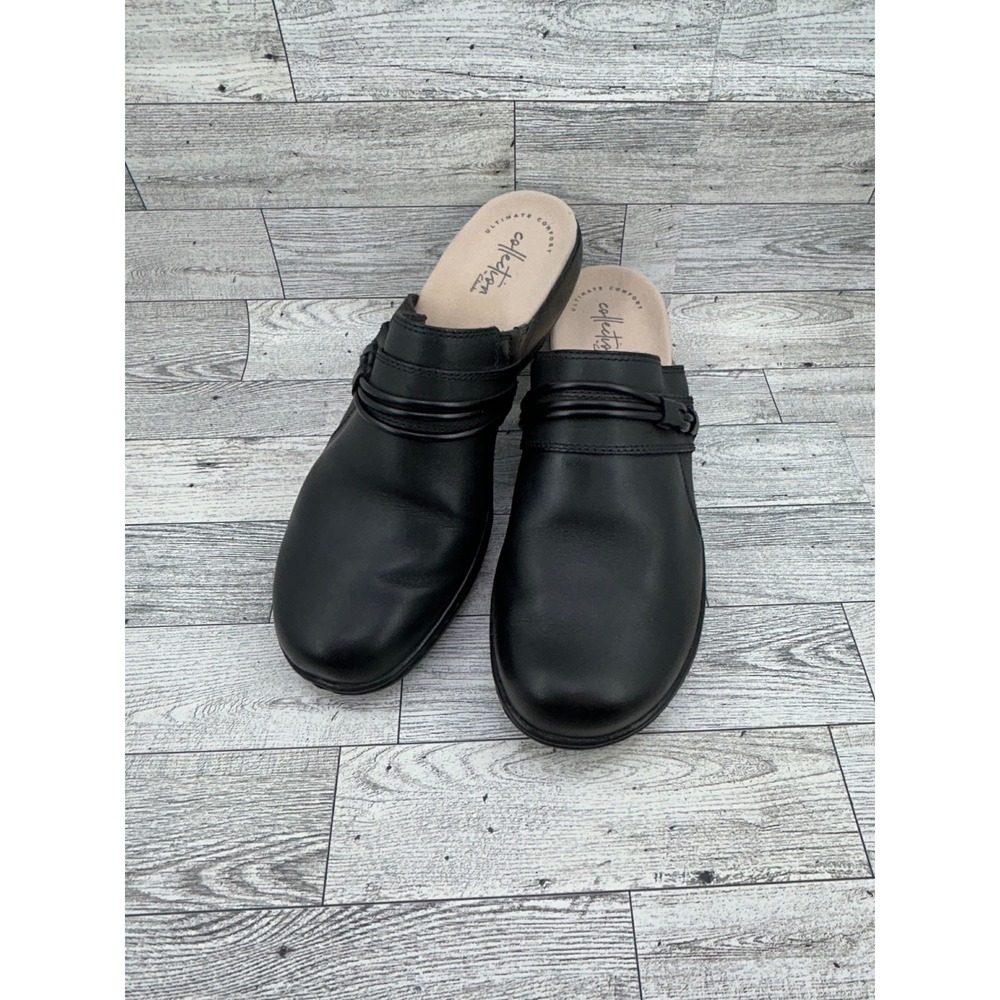 Clarks Collection Black Leather Mules Clogs Ultimate Comfort Women Size 9M